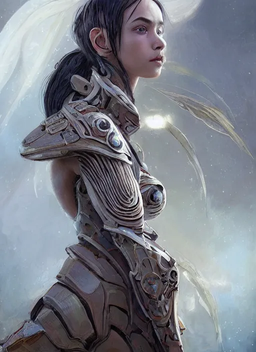 Image similar to a professional painting of a beautiful young female alien, clothed in ethereal armor, olive skin, long dark hair, beautiful bone structure, symmetrical facial features, intricate, elegant, digital painting, concept art, smooth, sharp focus, illustration, from Valerian and the City of a Thousand Planets, by Ruan Jia and Mandy Jurgens and Artgerm and William-Adolphe Bouguerea