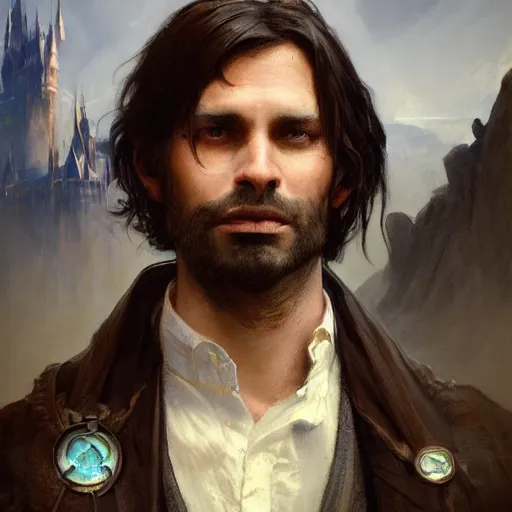 Image similar to closeup portrait of an artificer, male, dark hair, wizard, serious face, dungeons and dragons character, dramatic lighting, castle background, gorgeous view, realistic, high detail, digital art, painted by greg rutkowski, painted by jeremy mann, painted by alphonse mucha, trending on artstation