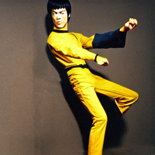 Prompt: Bruce Lee wearing a yellow jumpsuit by Yoji Shinkawa and Ashley Wood