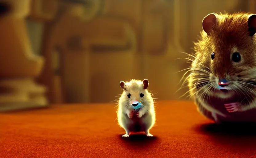 Prompt: hamster like skywalker, movie still, star wars, cinematic, sharp focus, cinematic grain, cinematic lighting, 8 k