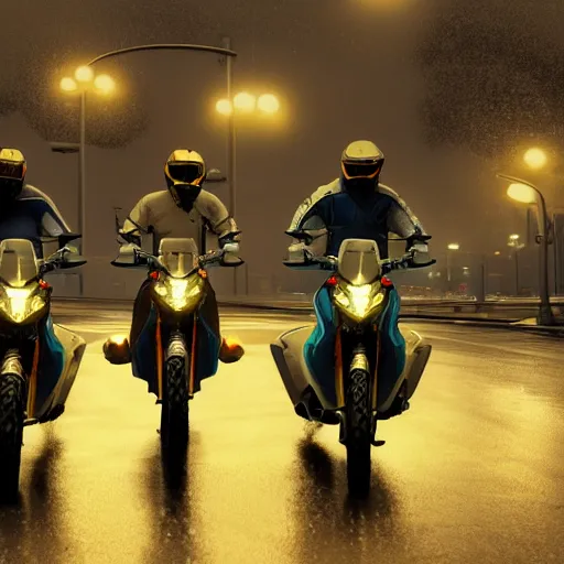 Image similar to highly detailed, photo realistic, futuristic drz 4 0 0 s at night in the rain driving on a city street, dense fog, unreal engine, by greg rutowski, by stanley artgerm, by alphonse mucha