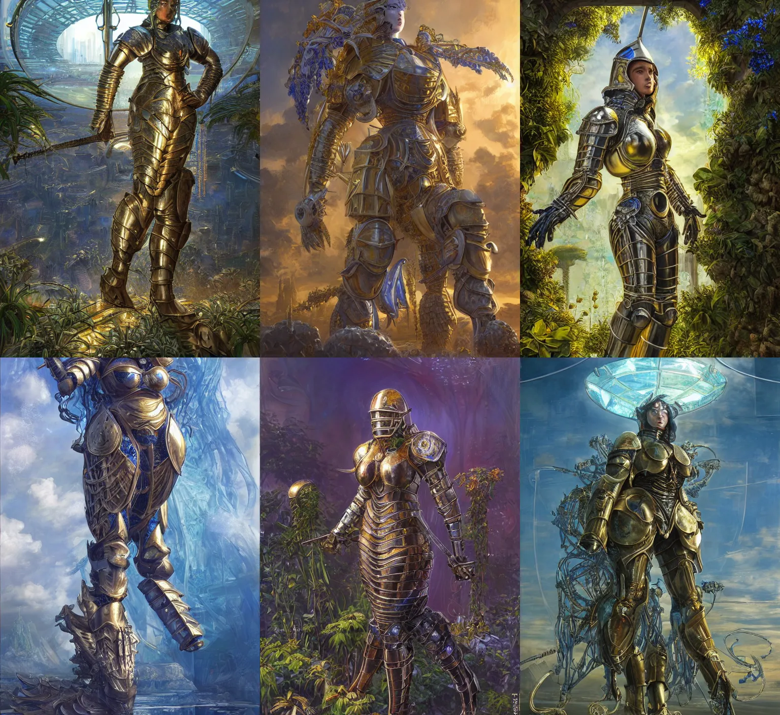 Prompt: a heavy massive female knight in a hi-tech botanical world with blue skies | style of donato giancola, vincent callebaut, dramatic light | high detail | cinematic lighting | pristine metals, glass, plants | solarpunk | golden hour | volumetric lighting | strong wide body | concept art |