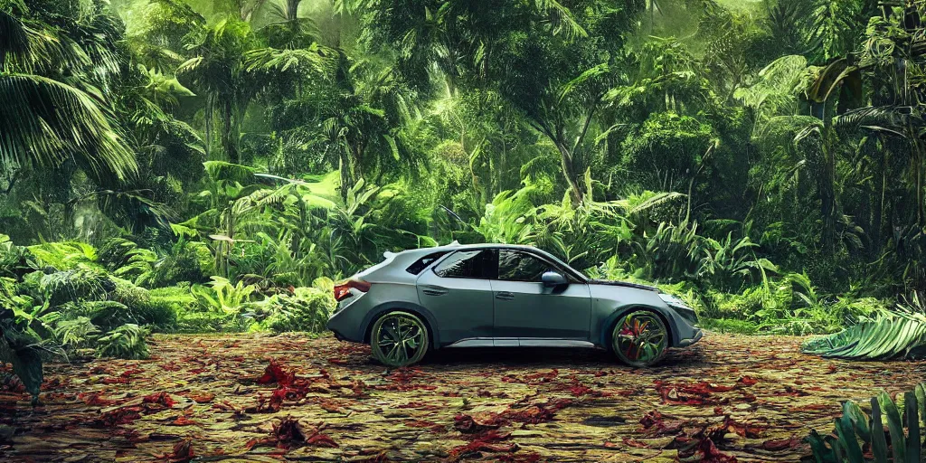 Prompt: Amazonian jungle with tropical plants and leaves falling from tree and a Cupra car placed in the center of the frame , unreal 5, hyperrealistic, realistic, photorealistic, dynamic lighting, highly detailed, cinematic landscape, studio landscape, studio lighting