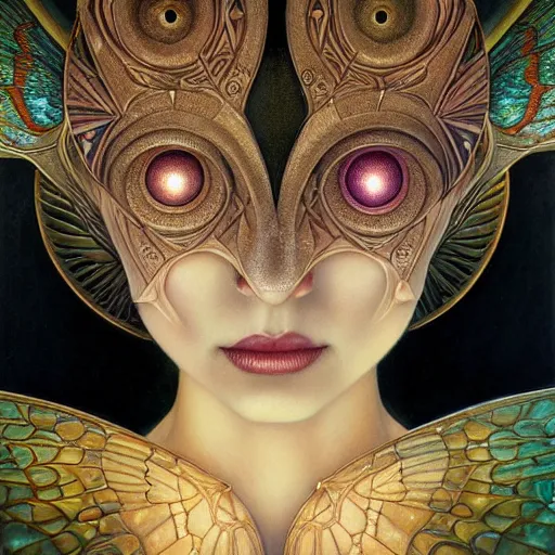 Image similar to beautiful closeup portrait of an art deco faerie queen, glowing eyes. reflective detailed textures, moth wings, highly detailed dark fantasy science fiction painting by tom bagshaw and michael whelan and diego rivera and annie swynnerton and jean delville and moebius and evelyn de morgan, elaborate geometric ornament, ancient runes, silver and cool colors. artstation