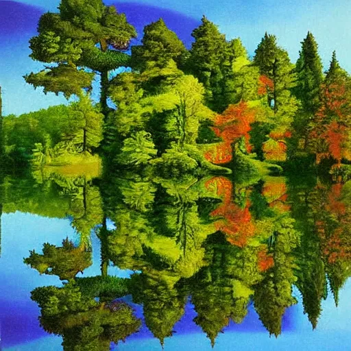 Image similar to escher painting of a lake, big trees reflecting on lake surface, ultra sharp, ultra detailed, colorized by salvador