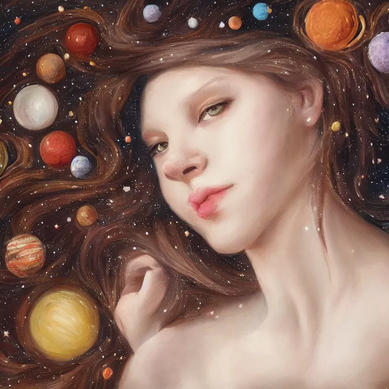 Image similar to a beautiful portrait of a girl on whose head a space and cosmic places like ganache, planets like a whipped frosting or filling made with semisweet chocolate and cream, used for cakes, pastries, and candies, highly detailed, fantasy art