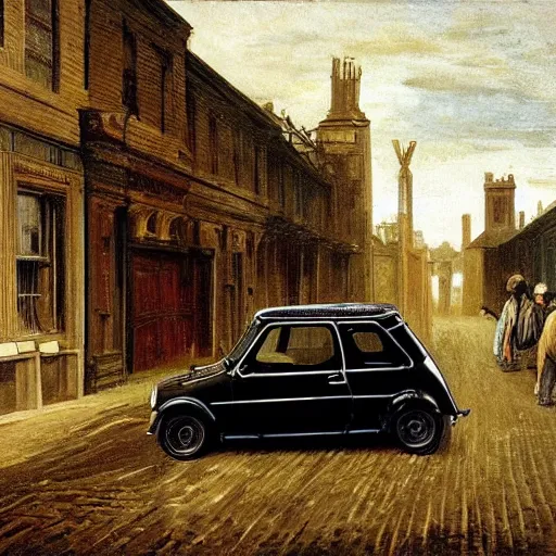 Image similar to a Victorian street in 1840, Mini Cooper S, by Caravaggio