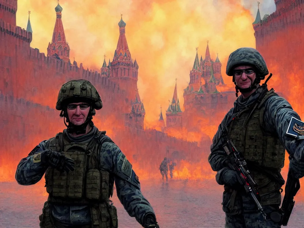 Image similar to special forces nato soldier with yellow shoulder patch takes selfie at red square kremlin burning in the background, d & d, fantasy, bright atmosphere, volumetric lights, intricate, elegant, extremely detailed, digital painting, artstation, concept art, matte, smooth, sharp focus, hyper realistic, illustration, art by artgerm and greg rutkowski and alphonse mucha