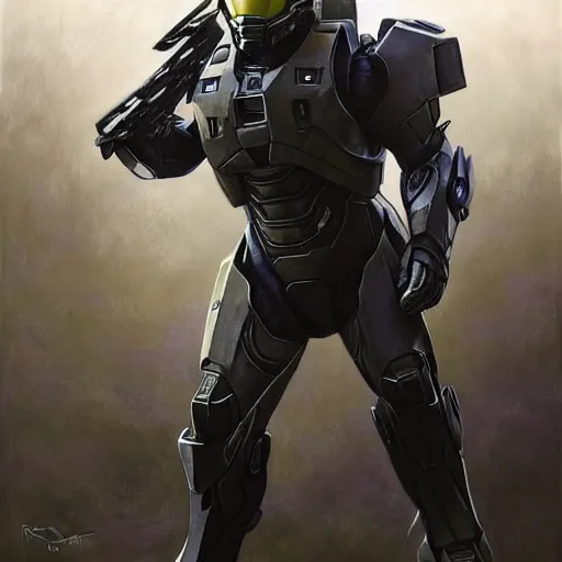 Prompt: Robert Downey Jr wearing Master Chief's armor from Halo, high tech, action shot, angular, full body portrait, futuristic, dramatic, fantasy, intricate, elegant, highly detailed, digital painting, artstation, concept art, matte, sharp focus, illustration, 8K, art by Donato Giancola and James Gurney