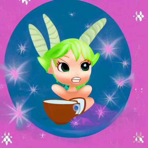 Prompt: digital painting of chibi Tinkerbell reclining and drinking coffee 4k detailed