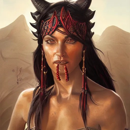 Prompt: portrait of an fierce berber tiefling woman with red skin, devil horns and black hair in a ponytail wearing plate armor in a desert, half body, fantasy, highly detailed, digital painting, artstation, concept art, character art, art by greg rutkowski and tyler jacobson and alphonse mucha