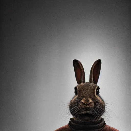 Prompt: rabbit that looks like steve jobs, by zdzislaw beksinski, by tiffany bozic, cold hue's, warm tone gradient background, concept art, beautiful composition, digital painting