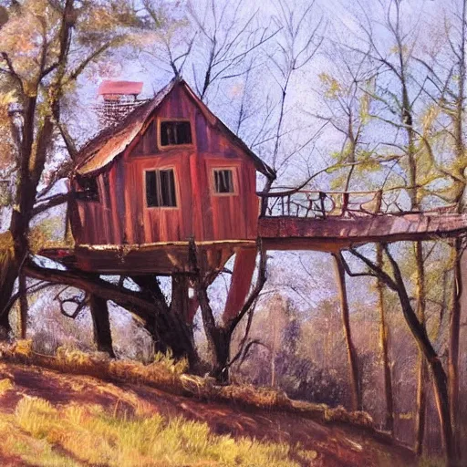 Prompt: treehouse in the countryside on a sunny day, peaceful, brush strokes, oil painting