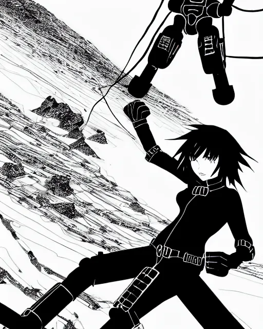 Prompt: black widow red hair flies with a parachute from everest and fires pistols at robots with techno details, by tsutomu nihei, black and white, wires clouds and destroed rocks background