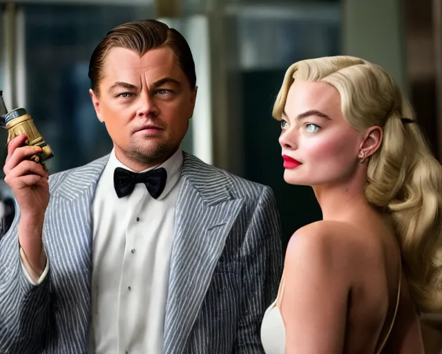 Image similar to leonardo dicaprio as the wolf of wall street next to beautiful margot robbie as naomi from the wolf of wall street, hyper realistic faces, cinematic, long shot, hyper detailed, 8 5 mm photograph, 8 k resolution, film still, sharp lens, wide lens