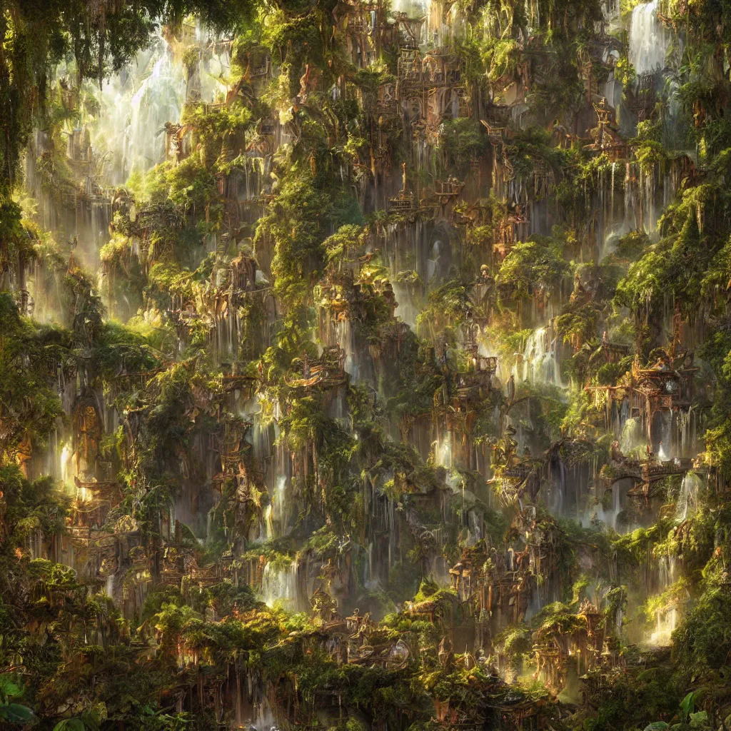 Image similar to fox in a fairy palace, castle towers, sunbeams, gothic towers, Japanese shrine waterfall, gold and gems, gnarly details, lush vegetation, forest landscape, painted by tom bagshaw, raphael lacoste, eddie mendoza, alex ross concept art matte painting