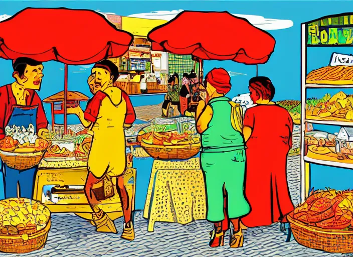 Prompt: a whimsical storybook illustration of crab sellers, tourism, lowbrow pop art style