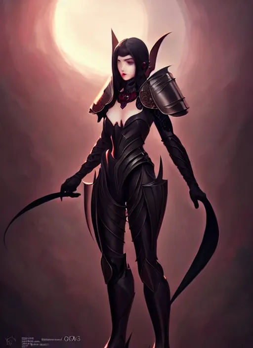 Image similar to full plate armor!!! beautiful and elegant dark hair female vampire!! gorgeous ayes!! character concept art, sharp focus, octane render! unreal engine 5! highly rendered!! trending on artstation!! detailed linework!! illustration by artgerm, wlop, and chie yoshii