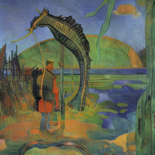 Prompt: the seahorse godforsaukee swamp, by paul gauguin and tom thomson, pencil sketch, storybook illustration the face of a disgruntled man, made of buildings and infrastructure, by beeple and vincent di
