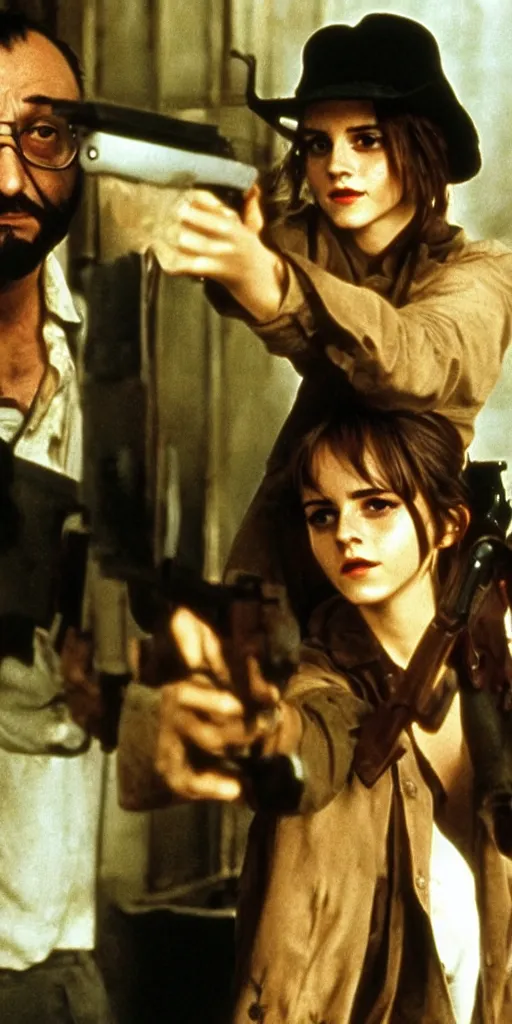 Image similar to Emma Watson and Jean Reno in Leon The Professional holding guns