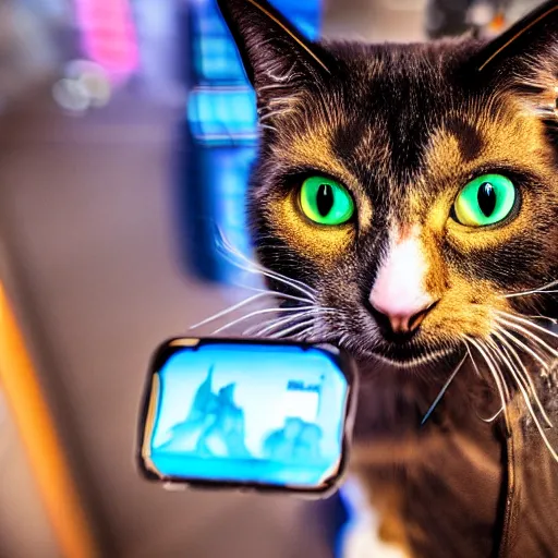 Prompt: selfie of the last cat in the world cyberpunk style