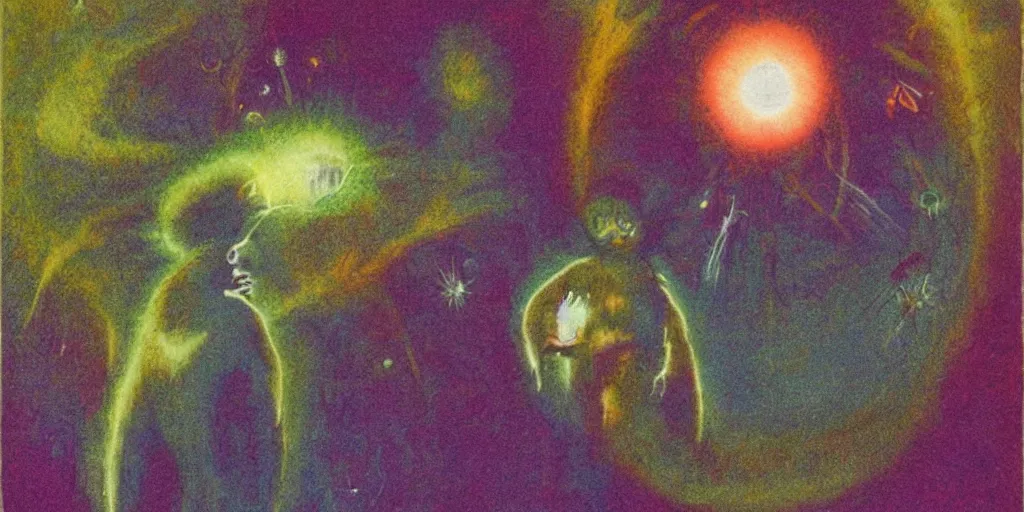 Image similar to dawn of creation; first atom; beings of light and darkness; ethereal plane. Bright neon colors. illustrated by maurice sendak and Stephen Gammell