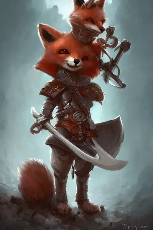 Image similar to cute little anthropomorphic foxy knight wearing a cape and a crown, tiny, small, miniature fox, baby animal, short, pale blue armor, cute and adorable, pretty, beautiful, DnD character art portrait, matte fantasy painting, DeviantArt Artstation, by Jason Felix by Steve Argyle by Tyler Jacobson by Peter Mohrbacher, cinematic lighting