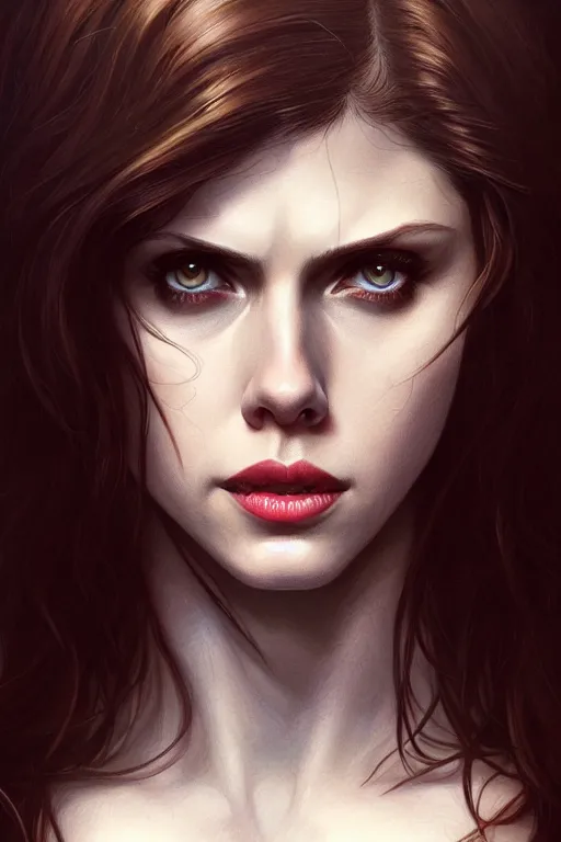 Image similar to alexandra daddario as black widow, realistic portrait, symmetrical, highly detailed, digital painting, artstation, concept art, smooth, sharp focus, illustration, cinematic lighting, art by artgerm and greg rutkowski and alphonse mucha