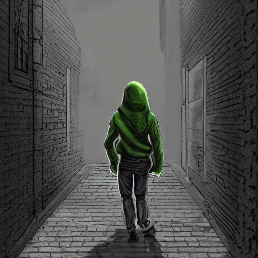 Prompt: a hooded rogue leads you by the hand down an alleyway, digital art