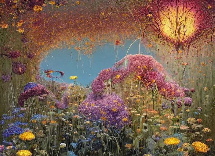 Image similar to a chaotic whirlwind of wildflowers and leaves, intricate details, aesthetically pleasing, dreamscape in a jar, gorgeous lighting, highly detailed, by zdzisław beksinski and francis bacon, art by dave mckean and rowena morrill and jeanbaptiste monge, computer aesthetic, vaporwave