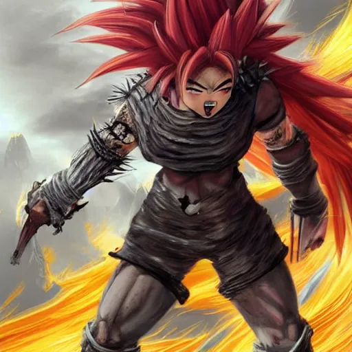 Image similar to realistic art style, ultra - detailed, saiyan girl, wild spiky red hair, long spiky hair, electrified hair, holding scimitar made of bone, scimitar, sword, jagged sword, curved sword, orkish sword, colorized, gray skin, hyper - detailed, primeval fantasy, prehistoric fantasy, drawn by frank frazetta and boris vallejo