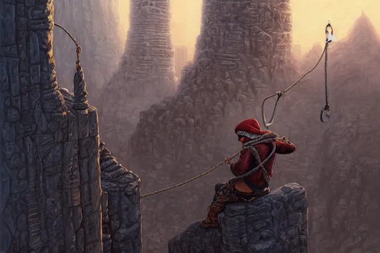 Image similar to landscape painting of a hooded thief in leathers using a rope to climb a tall building with a fantasy city, fine details, magali villeneuve, artgerm, rutkowski