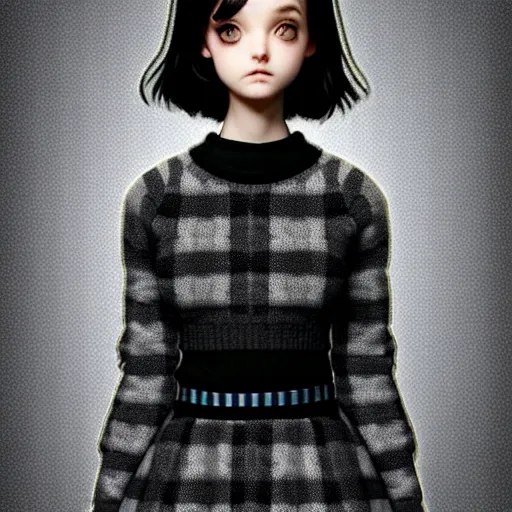 Image similar to beautifully pretty stoner girl, black sweater, grey checkered skirt, very cute features, glittery short black hair, blue eyes, universal volumetric lighting, soft glow, by range murata, norman rockwell, highly detailed intricately sharp focus, trending on pinterest, unreal engine 5 4 k uhd image