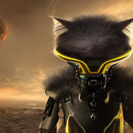Image similar to humanoid with cat-like features in futuristic space armor with force fields, yellow eyes, teeth that protrude past the lower lip and fine grayish fur on their faces and backs of their hands and carrying weapons, octane,