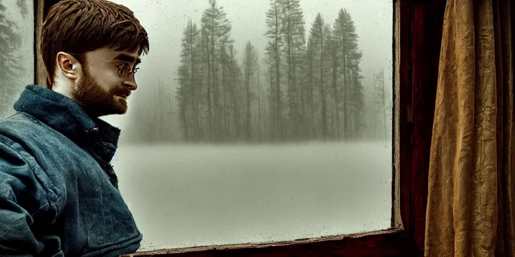 Image similar to portrait bust of daniel radcliffe, solemn expression, faded color film, russian cinema, tarkovsky, kodachrome, old cabin, next to window, heavy forest outside, long brown hair, old clothing, heavy fog, blue hour, hudson river school, 4 k, dramatic lighting, greg rutkowski