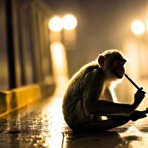 Image similar to contre - jour photo of a monkey smoking a cigarette on a bridge at night under rain, lightened by street lamps, award winning photography