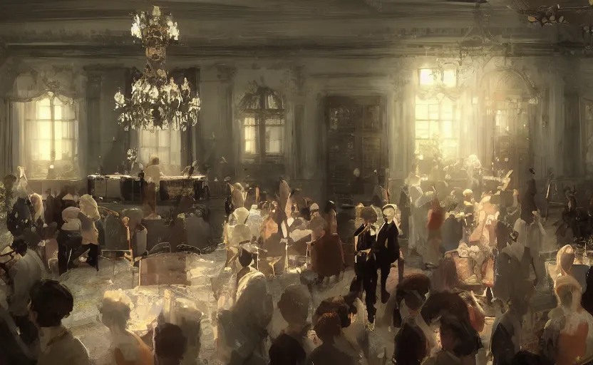 Image similar to craig mullins and ghibli digital painting of a 1 9 2 0 s grand party in a beautiful mansion, many partygoers, strong contrast, unreal engine, hyper realism, realistic shading, cinematic composition, realistic render, octane render, detailed textures, photorealistic, ultrawide shot, 3 5 mm film