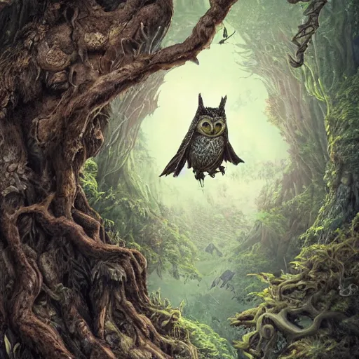 Prompt: high definition ink woodblock fantasy character art, hyper realistic, hyperrealism, elemental guardian of life, forest owl, woody foliage, 8 k dop dof hdr fantasy character art, by aleski briclot and alexander'hollllow'fedosav and laura zalenga