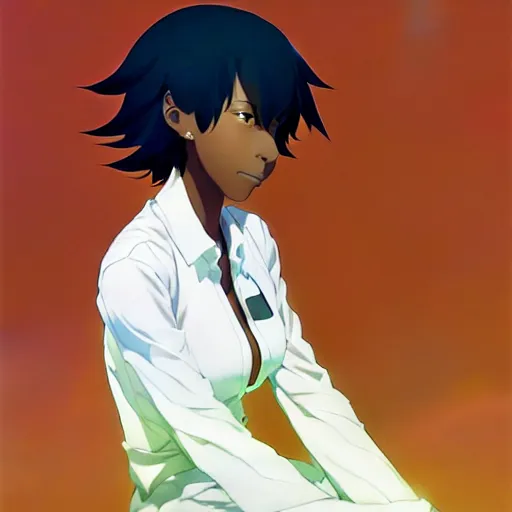 Image similar to portrait of a joyfull black girl with short hair. By makoto shinkai, by leiji Matsumoto, by Julie Bell