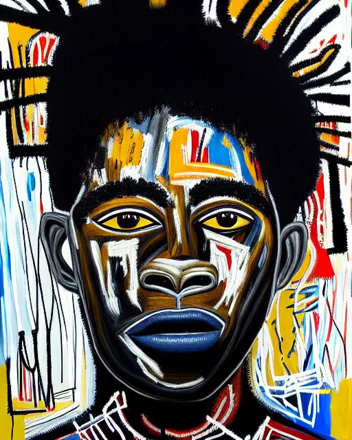 Image similar to a extremely ultra highly detailed majestic hi - res beautiful immaculate head and shoulders award winning painting stunning masterpiece of the face of a ultra highly detailed strong black african man by jean - michel basquiat, 8 k, high textures, ultra hyper sharp, insanely detailed and intricate, super detailed, 8 k hdr ultra high quality