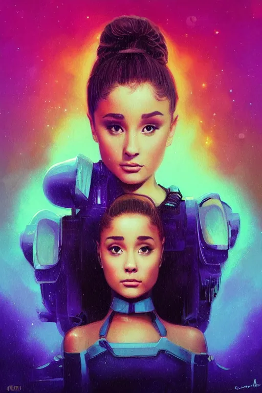 Image similar to chubby ariana grande, in the style of johan grenier and john picacio and alan m. clark, trending on artstation, bioluminescence tilt - shift blade runner 2 0 4 9, crayon art, futuresynth, splash art, post - minimalism