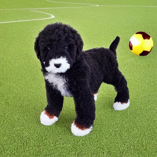 Image similar to bernedoodle puppy stuffed animal playing soccer