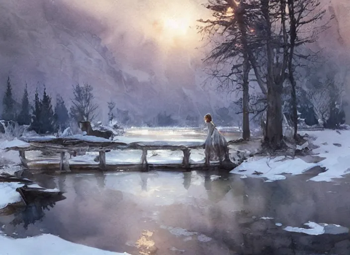 Image similar to watercolor of frozen lake, stone bridge, art by anders zorn, wonderful masterpiece by greg rutkowski, beautiful cinematic light, american romanticism by greg manchess, creation by tyler edlin