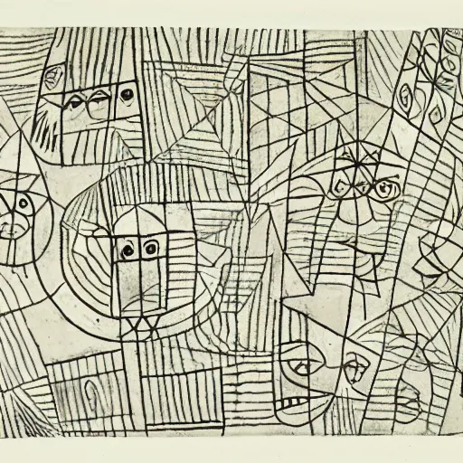 Image similar to The new gods. Line drawing. Paul Klee.