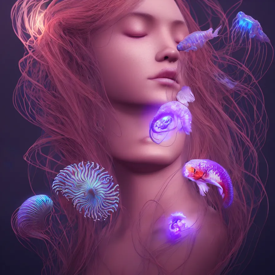 Image similar to goddess close-up portrait. orchid jellyfish phoenix head, nautilus, skull, betta fish, bioluminiscent creatures, intricate artwork by Tooth Wu and wlop and beeple. octane render, trending on artstation, greg rutkowski very coherent symmetrical artwork. cinematic, hyper realism, high detail, octane render, 8k