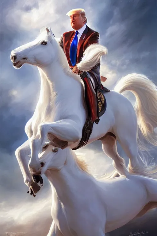 Image similar to donald trump on a majestic white horse, digital painting, artstation, concept art, smooth, sharp focus, illustration, in - frame, centered, art by artgerm and donato giancola and joseph christian leyendecker, ross tran, wlop