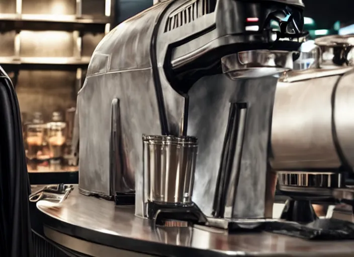 Prompt: film still of Darth Vader working as a barista in the new Star Wars movie, 4k