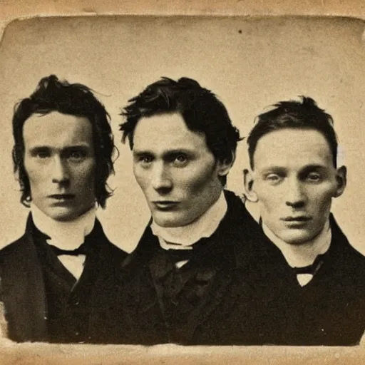 Image similar to early victorian headshot photograph of cillian murphy, tom hardy, tom hiddleston, very grainy, blurry, 1 8 4 0 s, 1 8 5 0 s, realistic face, rare