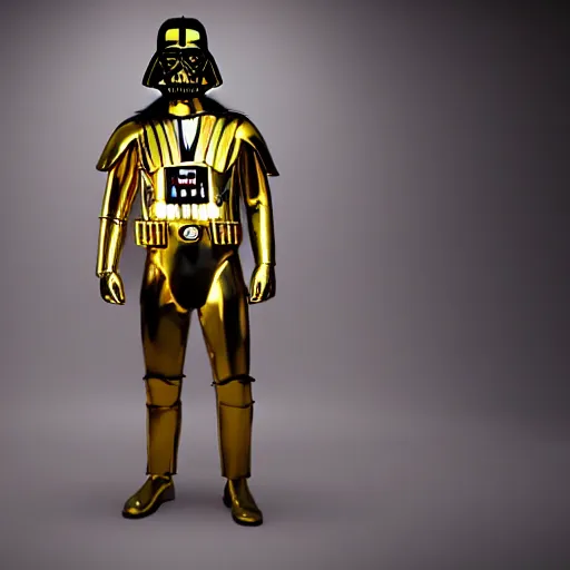 Prompt: A still of a golden Darth Vader suit, studio image,