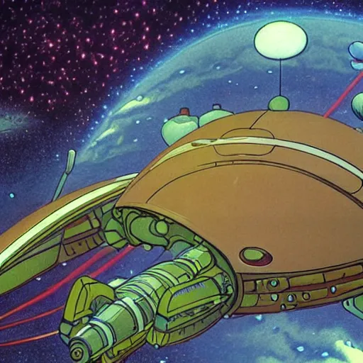 Prompt: a man spaceship starship outer worlds in FANTASTIC PLANET La planète sauvage animation by René Laloux